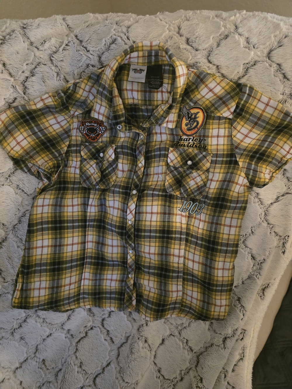 Vintage Y2k Harley-Davidson Yellow Plaid Pearl Button Up W Patches XL EUC